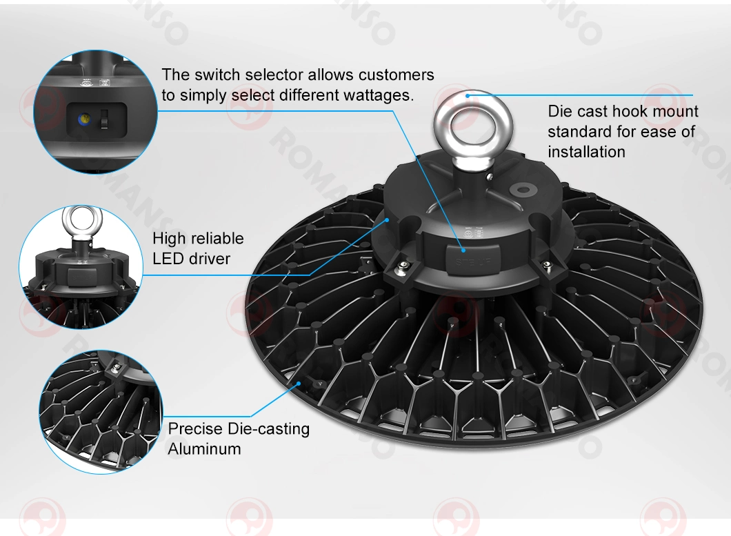 Manufacture 150lm/W Romanso China LED Housing High Bay Lighting Light Industry Alloy